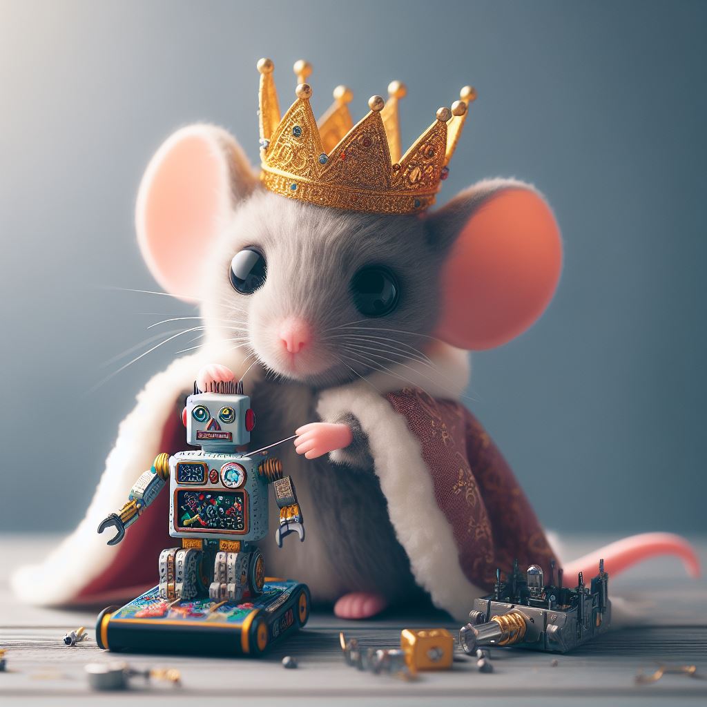 'a cuddly mouse with a crown on its head building a robot' created by DALL-E 3