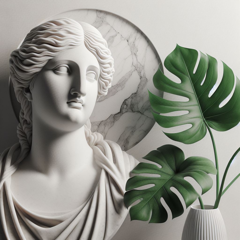 Pallas Athene and a Monstera Plant